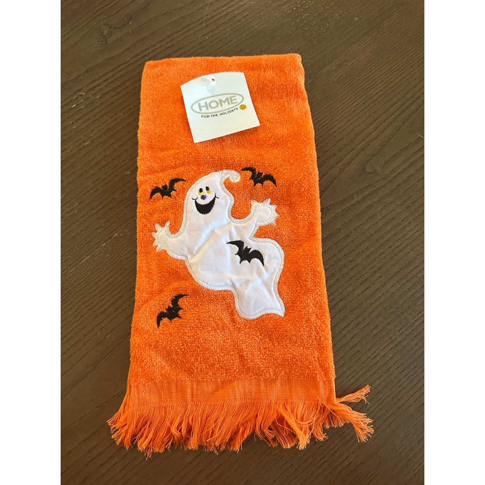 Vtg 2001 Home For The Holidays Orange Halloween Ghost Bats Hand Towel Fringe New